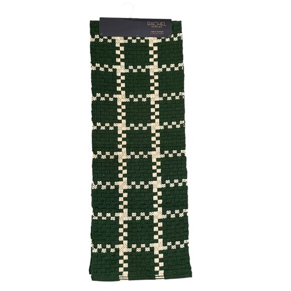 Rachel Roy Checkered Jute Table Runner 16x90 Christmas Holiday Green Cream New - Picture 8 of 12